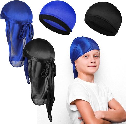 4Pcs Premium Durag Pack for Men Kids Silky Durag with Wave Caps Set Long Tail Wide Strap Headwraps Turban Beanies Satin Doo Rag Soft Elastic Dorag Deluxe Du-rag Over Durag for Boy Girl Hip-hop Decor in Saudi Arabia