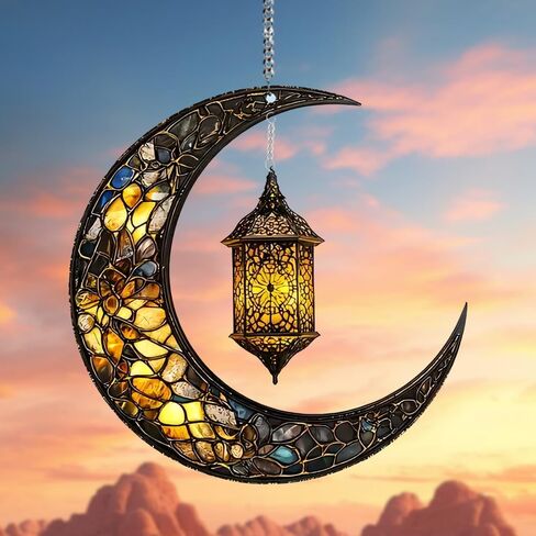 Vintage Moon Beacon Stained Window Hanging Ornament, Moon Shape Stained Acrylic Double-Sided Printed Window Panel, Great Gift for Mom Grandma Astronomy Lover for Birthday Mother's Day or Housewarming in Saudi Arabia