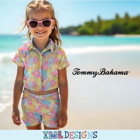 Tommy Bahama Girl's 2-Piece Matching Set - Short Sleeve Button-Down Floral Print Shirt & Shorts - Summer Outfit for Kids in Saudi Arabia