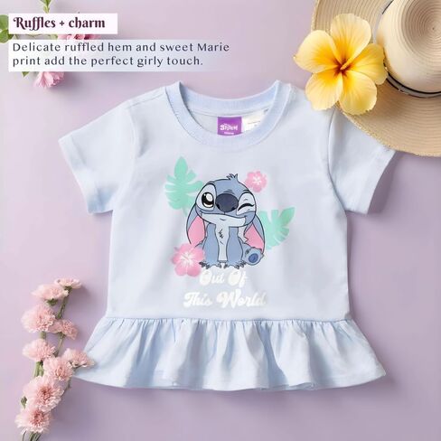 Disney Princess, Minnie Mouse, Lilo & Stitch, Aristocats Girls 2-Piece Ruffle Hem T-Shirt and Biker Shorts Set for Kids in Saudi Arabia