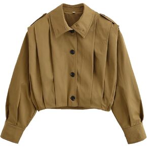 Women's Cropped Pleated Jacket Long Sleeve Collared Button Down Casual Short Trench Coat Spring Fall Outerwear in Kuwait