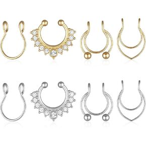 Fake Septum Ring, 8 Pcs Fake Nose Ring Stainless Steel Faux Septum Piercings Clip On Faux Nose Rings for Women Men Non Piercing Nose Jewelry (Gold, Silver) in Saudi Arabia