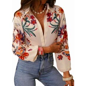 SHENHE Women's Button Down Shirt Lantern Sleeve Tropical Floral Boho Blouse Dressy Top in Saudi Arabia