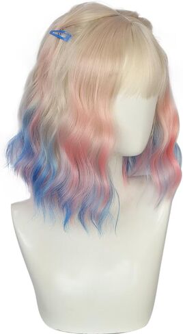 Sinclair Costume Wigs Short Wavy Colorful Blonde Blue Pink Ombre Wigs for Women Cosplay Halloween Party Side Part in Saudi Arabia