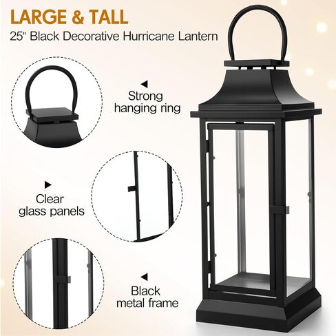 Nuogo 25 Inch Large Metal Lanterns with Glass Panels Black Hanging Vintage for Table Porch Home Party Decor Gift Indoor Outdoor, Candle Not Includes in Saudi Arabia