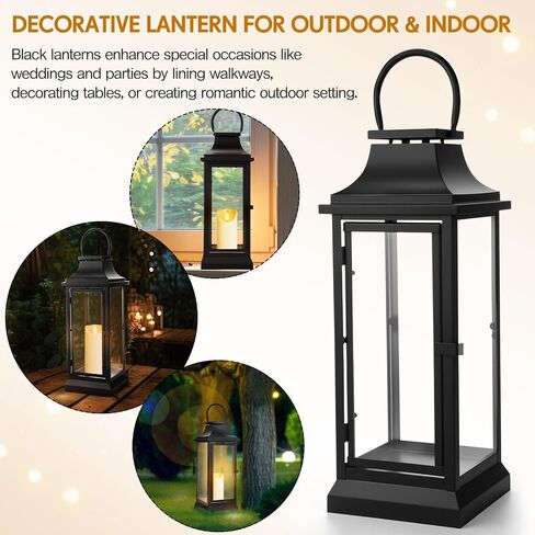 Nuogo 25 Inch Large Metal Lanterns with Glass Panels Black Hanging Vintage for Table Porch Home Party Decor Gift Indoor Outdoor, Candle Not Includes in Saudi Arabia
