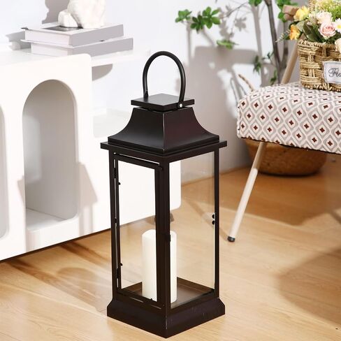 Nuogo 25 Inch Large Metal Lanterns with Glass Panels Black Hanging Vintage for Table Porch Home Party Decor Gift Indoor Outdoor, Candle Not Includes in Saudi Arabia