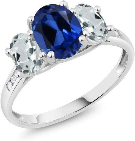 Gem Stone King 10K White Gold Gemstone Birthstone Aquamarine and Diamond Accents 3-Stone Engagement Ring for Women | Oval 8X6MM and 6X4MM | Elegant Wedding Anniversary Promise Ring | Size 5-9 in Saudi Arabia