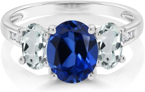 Gem Stone King 10K White Gold Gemstone Birthstone Aquamarine and Diamond Accents 3-Stone Engagement Ring for Women | Oval 8X6MM and 6X4MM | Elegant Wedding Anniversary Promise Ring | Size 5-9 in Saudi Arabia