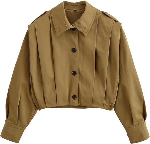 Women's Cropped Pleated Jacket Long Sleeve Collared Button Down Casual Short Trench Coat Spring Fall Outerwear in Kuwait
