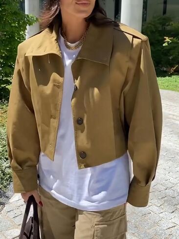 Women's Cropped Pleated Jacket Long Sleeve Collared Button Down Casual Short Trench Coat Spring Fall Outerwear in Kuwait