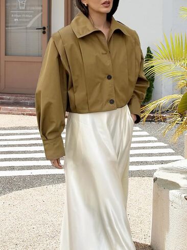 Women's Cropped Pleated Jacket Long Sleeve Collared Button Down Casual Short Trench Coat Spring Fall Outerwear in Kuwait