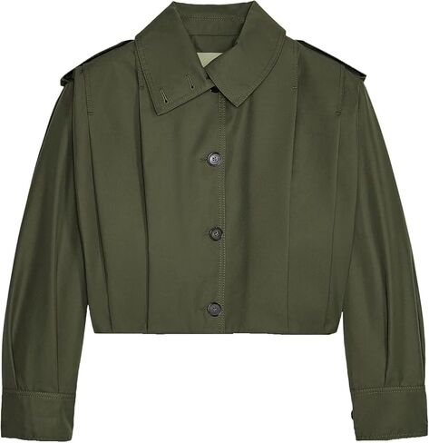 Women's Cropped Pleated Jacket Long Sleeve Collared Button Down Casual Short Trench Coat Spring Fall Outerwear in Saudi Arabia