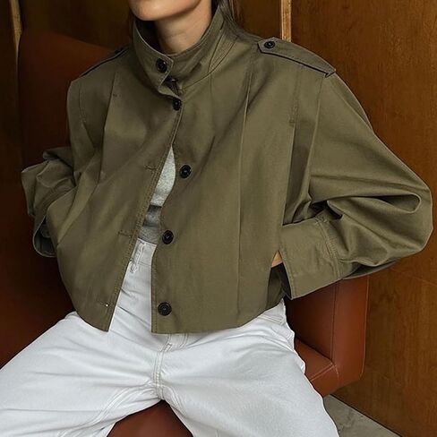 Women's Cropped Pleated Jacket Long Sleeve Collared Button Down Casual Short Trench Coat Spring Fall Outerwear in Saudi Arabia