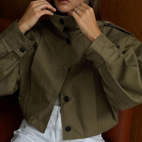 Women's Cropped Pleated Jacket Long Sleeve Collared Button Down Casual Short Trench Coat Spring Fall Outerwear in Saudi Arabia