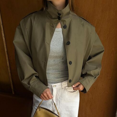 Women's Cropped Pleated Jacket Long Sleeve Collared Button Down Casual Short Trench Coat Spring Fall Outerwear in Saudi Arabia