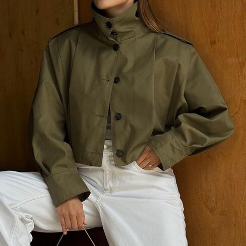 Women's Cropped Pleated Jacket Long Sleeve Collared Button Down Casual Short Trench Coat Spring Fall Outerwear in Saudi Arabia