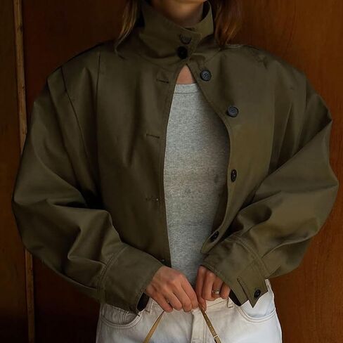Women's Cropped Pleated Jacket Long Sleeve Collared Button Down Casual Short Trench Coat Spring Fall Outerwear in Saudi Arabia