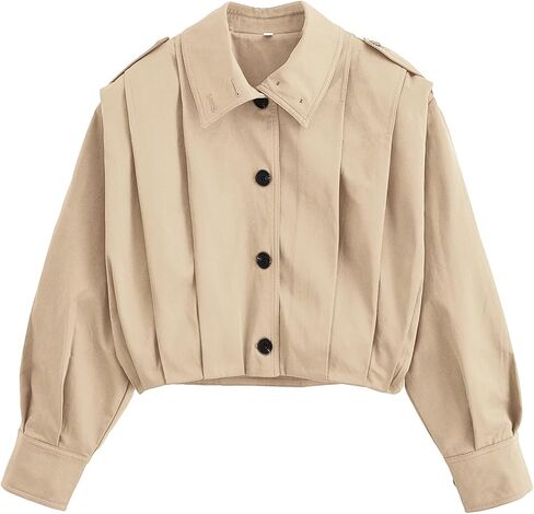 Women's Cropped Pleated Jacket Long Sleeve Collared Button Down Casual Short Trench Coat Spring Fall Outerwear in Saudi Arabia
