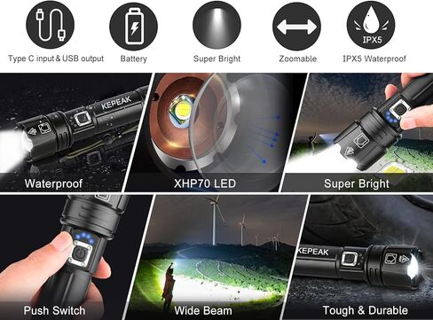 مصابيح يدوية قابلة لإعادة الشحن من KEPEAK، 990,000 مصباح فلاش فائق السطوع، مصابيح يدوية قوية ووظيفة الذاكرة، مصابيح يدوية عالية اللومن تعمل بالبطارية للتخييم والمنزل وحالات الطوارئ in Kuwait