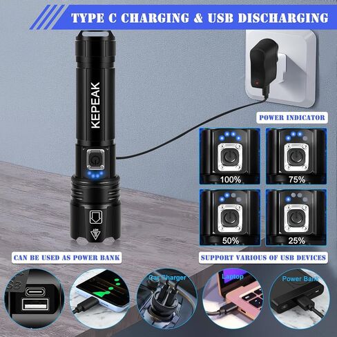 مصابيح يدوية قابلة لإعادة الشحن من KEPEAK، 990,000 مصباح فلاش فائق السطوع، مصابيح يدوية قوية ووظيفة الذاكرة، مصابيح يدوية عالية اللومن تعمل بالبطارية للتخييم والمنزل وحالات الطوارئ in Kuwait