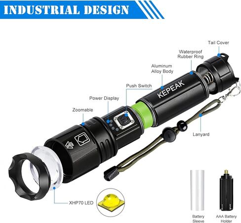 مصابيح يدوية قابلة لإعادة الشحن من KEPEAK، 990,000 مصباح فلاش فائق السطوع، مصابيح يدوية قوية ووظيفة الذاكرة، مصابيح يدوية عالية اللومن تعمل بالبطارية للتخييم والمنزل وحالات الطوارئ in Kuwait