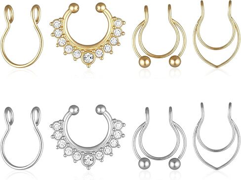 Fake Septum Ring, 8 Pcs Fake Nose Ring Stainless Steel Faux Septum Piercings Clip On Faux Nose Rings for Women Men Non Piercing Nose Jewelry (Gold, Silver) in Saudi Arabia