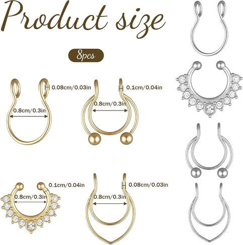 Fake Septum Ring, 8 Pcs Fake Nose Ring Stainless Steel Faux Septum Piercings Clip On Faux Nose Rings for Women Men Non Piercing Nose Jewelry (Gold, Silver) in Saudi Arabia