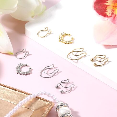 Fake Septum Ring, 8 Pcs Fake Nose Ring Stainless Steel Faux Septum Piercings Clip On Faux Nose Rings for Women Men Non Piercing Nose Jewelry (Gold, Silver) in Saudi Arabia