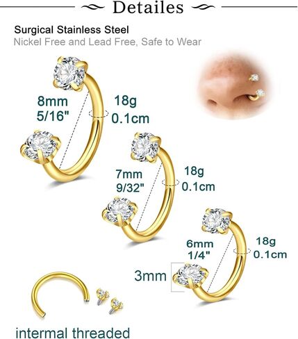 Longita 6mm 7mm 8mm 18g Horseshoe Nose Ring for Women Double Gem Horse Shoe Nose Ring Hoop Surgical Steel Gold Cartilage Helix Tragus Earring Hoops Labret Lip Piercing Jewelry Small Septum Rings 18g in Saudi Arabia