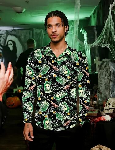 Men's Halloween Novelty Button Down Long Sleeve Shirt, S-4XL in Kuwait