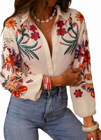 SHENHE Women's Button Down Shirt Lantern Sleeve Tropical Floral Boho Blouse Dressy Top in Saudi Arabia