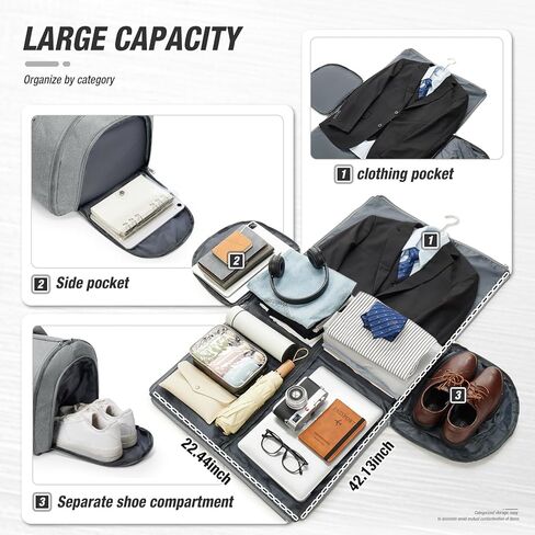 Garment Bags For Travel,Convertible Garment Bag With Shoulder Strap,Professional Carry On Duffel Bag For Men Women-2 In 1 Hanging Foldable Weekender Travel Suit Bags,Black Grey in Kuwait