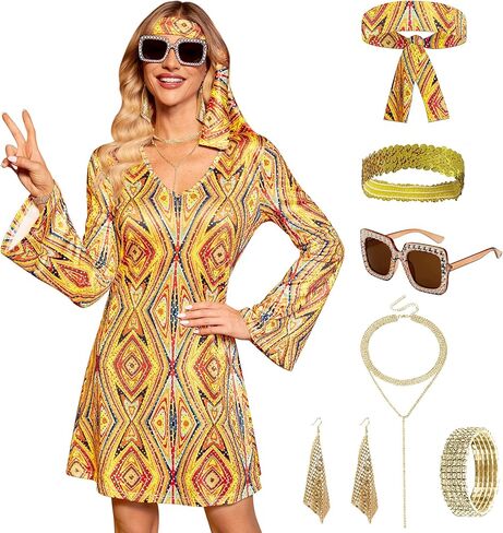 Clarisbelle Women's Halloween 7 Pcs Disco Dress Sequin 70's Dance Costume Outfit with Sunglasses Headband in Kuwait