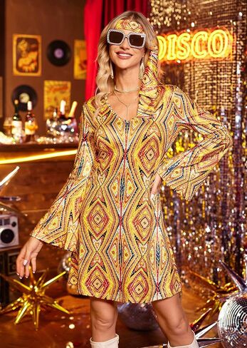 Clarisbelle Women's Halloween 7 Pcs Disco Dress Sequin 70's Dance Costume Outfit with Sunglasses Headband in Kuwait