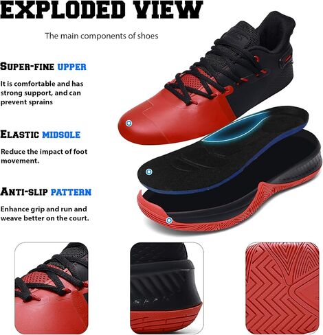 ASHION Men's Basketball Shoes Arch Support Basketball Sneakers Lightweight Breathable Anti Slip Running Walking Fitness Gym Workout Sports Shoe for Outdoor Black Red 12 in Saudi Arabia