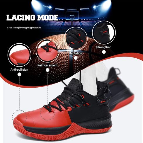 ASHION Men's Basketball Shoes Arch Support Basketball Sneakers Lightweight Breathable Anti Slip Running Walking Fitness Gym Workout Sports Shoe for Outdoor Black Red 12 in Saudi Arabia