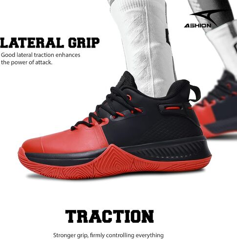 ASHION Men's Basketball Shoes Arch Support Basketball Sneakers Lightweight Breathable Anti Slip Running Walking Fitness Gym Workout Sports Shoe for Outdoor Black Red 12 in Saudi Arabia