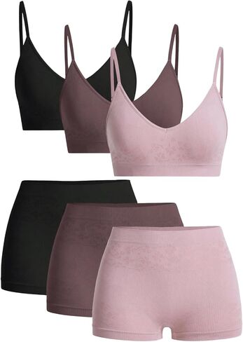 Women's 6 Piece Lingerie Set Floral Wireless Unlined Bra Seamless Bralette and Boyshorts Boxer Briefs Underwear Sets in Saudi Arabia