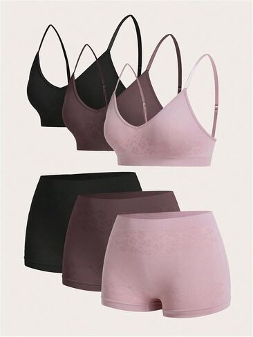Women's 6 Piece Lingerie Set Floral Wireless Unlined Bra Seamless Bralette and Boyshorts Boxer Briefs Underwear Sets in Saudi Arabia