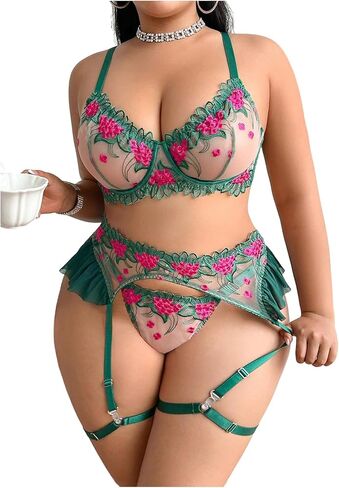 OYOANGLE Women's Plus Size Garter Lingerie Set Floral Embroidery Underwire Bra and Panty Babydoll Sleepwear in Saudi Arabia