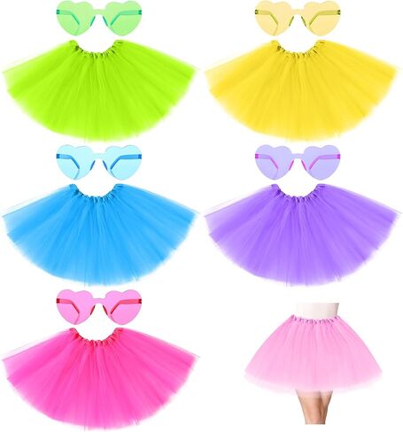 6Pcs Adult Tulle Tutu Skirts with Heart Sunglasses, Elastic Ballet Women Tutus Colored Tulle for Women Girls, Perfect for Dance, Halloween, and Parties in Saudi Arabia