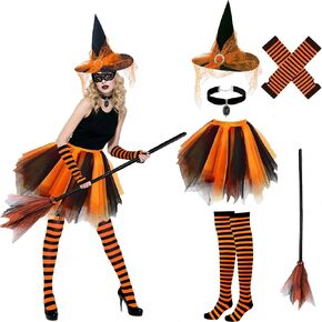زي هالوين ساحرة للنساء الفتيات الكبار الفتيات القوطية cosplay-Outfit مجموعة مع Tutu Hat Broomstick Scriped Socks Gloves Prendant in Kuwait