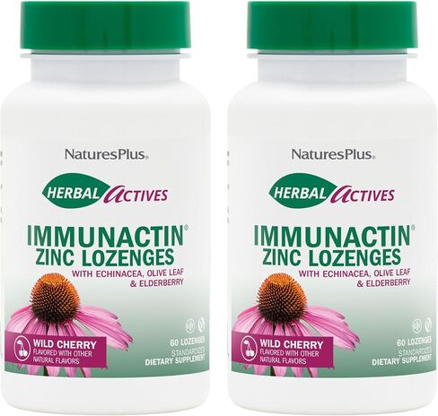 NaturesPlus Herbal Actives ImmunActin - 60 Zinc Lozenges, Pack of 2 - Wild Cherry Flavor - Supports Immune Health - with Echinacea, Elderberry & Olive Leaf - Gluten Free - 120 Total Servings in Saudi Arabia