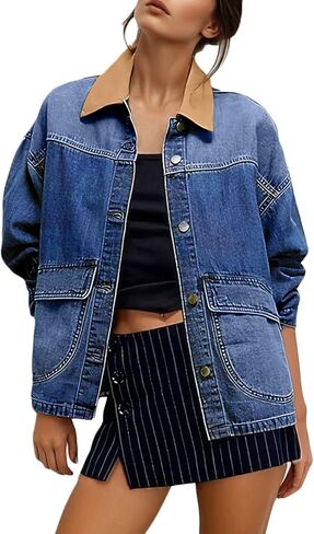 EVALESS Jean Jacket Women Trendy Color Block Denim Jacket Oversized Long Sleeve Button Down Barn Jackets Shacket Coat in Saudi Arabia