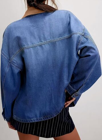 EVALESS Jean Jacket Women Trendy Color Block Denim Jacket Oversized Long Sleeve Button Down Barn Jackets Shacket Coat in Saudi Arabia