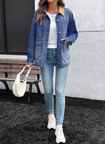 EVALESS Jean Jacket Women Trendy Color Block Denim Jacket Oversized Long Sleeve Button Down Barn Jackets Shacket Coat in Saudi Arabia