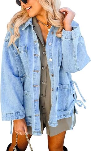 PHISOCKAT Side Tie Jean Jacket Oversized Denim Jacket for Women Split Boho Long Sleeve Coats Trendy Cowboy Chic in Kuwait
