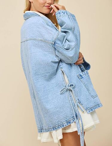 PHISOCKAT Side Tie Jean Jacket Oversized Denim Jacket for Women Split Boho Long Sleeve Coats Trendy Cowboy Chic in Kuwait