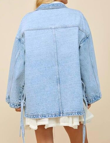 PHISOCKAT Side Tie Jean Jacket Oversized Denim Jacket for Women Split Boho Long Sleeve Coats Trendy Cowboy Chic in Kuwait